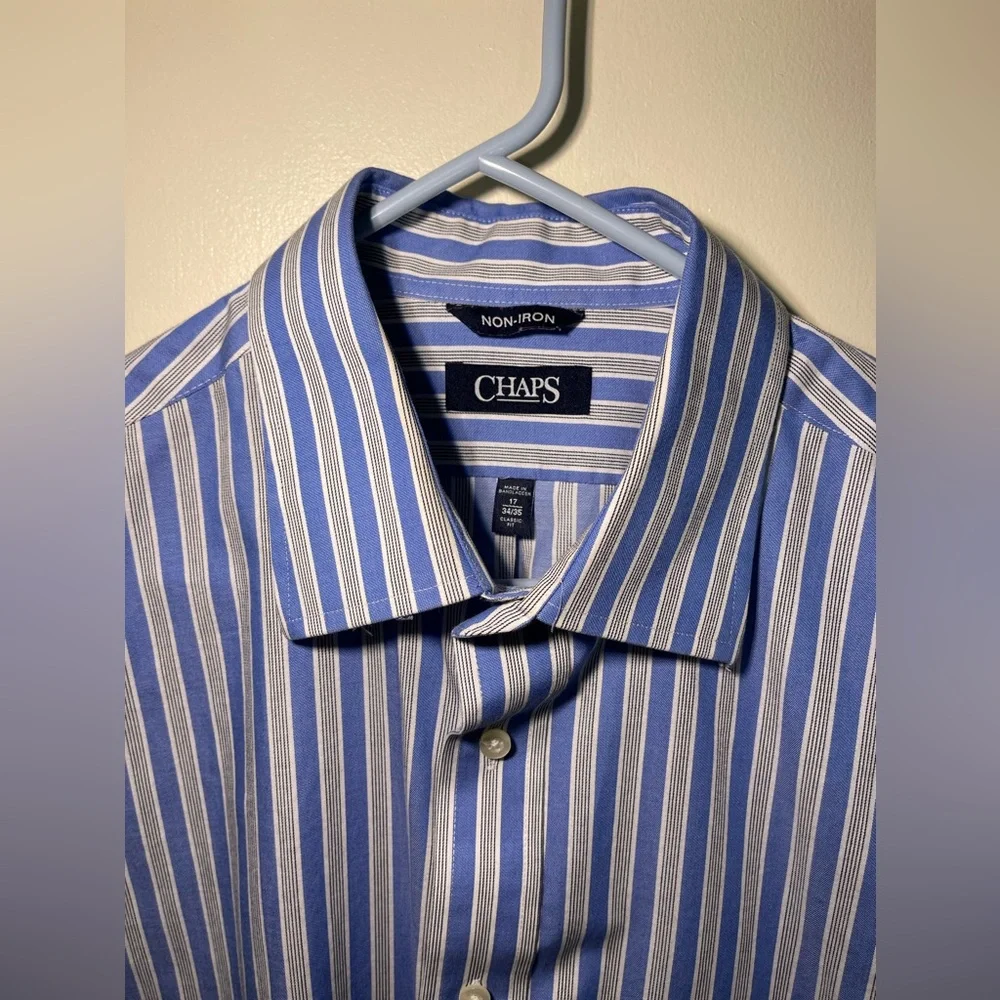 Chaps men’s dress shirt blue white striped classic fit 17 34/35 non-iron - Picture 2 of 5